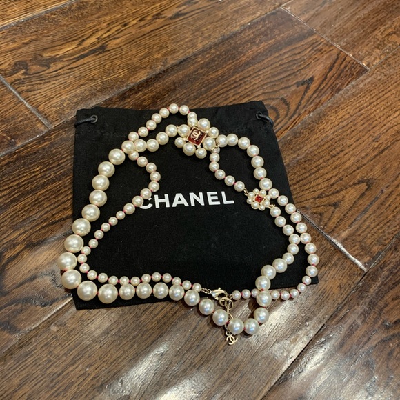 CHANEL | Jewelry | Authentic Chanel Pearl Necklace With Red Cc Stone ...